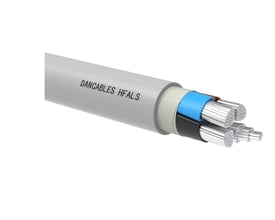 Installationskabel HFALS Dca, 4x50 T2250, med synlige aluminiumsledere og isolering i blå, sort og brun. Mærket DANCABLES HFALS.