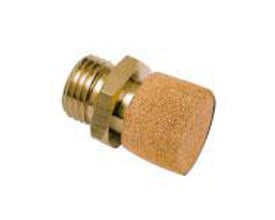 Parker messing lyddæmper med flow regulator og udvendigt G1/4 BSPP gevind på hvid baggrund.