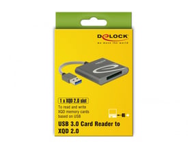 Delock USB 3.0 kortlæser til XQD 2.0 hukommelseskort præsenteret i gul emballage med produktillustration.