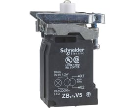 Schneider Electric ZB4BV5D1 LED lampekrop fra Harmony style 4, viser elektriske specifikationer og produktmærker.