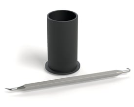 Kemper installationsværktøj til FK-4 slidsringe i DN15/20/25, vist med en sort cylindrisk monteringsdel og et metalværktøj med kroge.