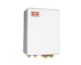 Kompakt Metro Therm Fjv unit ECO TD Mini MK2, væghængt model med synlige tilslutningsstudse i messing i bunden.