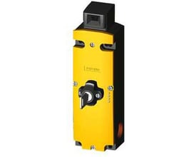 Siemens Interlock-switch 1300N, 24VDC. Gult metalhus med sort top og nøgle i låseindsats, viser 1NO-2NC kontakttype.