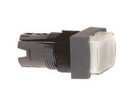 Schneider Electric ZB6DE1 lampetryk med hvid rektangulær ophøjet front og Ø16 mm ring, vist fra siden med bagmontering.