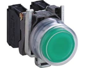 Schneider Electric Harmony XB4 komplet trykknap med grøn/høj kappe og 1NO kontakt, 22mm. Robust og kompakt enhed.