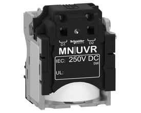 Frontvisning af Schneider Electric spole MN|UVR til 250V DC, med tydelig mærkning og tilslutningspunkter D1 og D2.