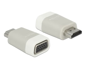 Hvid DeLock HDMI-A til VGA-adapter med HDMI-hanstik og VGA-hunstik, vist fra to vinkler.