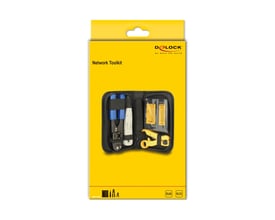 Delock Network Toolkit i sort etui, viser indholdet med crimptang, kabelstripper og tester.