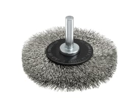 Ironside axialbørste med rustfri, bølget ståltråd, Ø 70 mm og 6 mm skaft, set skråt ovenfra.