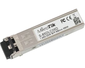 Mikrotik SFP dual fiber, 1.25G MM, 550m, 850nm modul i sølv metal med tydelig mærkning og FCC CE logoer.
