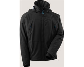 Mascot vinterjakke 17035 i sort, str. XS, vist forfra med lynlås og blå detaljer på brystlommer og krave.