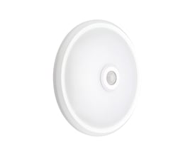 Rund, hvid V-TAC LED-sensorlampe på 12 W med PIR-sensor og CCT-funktion, set skråt forfra.
