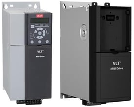 Danfoss VLT Frekvensomformer FC280, 0,37kW, 230V, IP20 viser enheder side om side med fokus på kontrolpanelet.