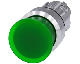 Siemens 22mm rund paddetrykknap i grøn metal med højglans finish og 30mm diameter, kortvarig betjening.