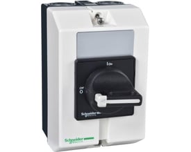 Schneider Electric TeSys Vario sikkerhedsafbryder 11kW/25A, 3P IP65 i stålgrå kunststof med sort drejehåndtag og tydelige 'On'/'Off' markeringer.