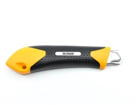 Ironside universalkniv med 18 mm SK2H-klinge, gul-sort greb og skruelås set fra siden.