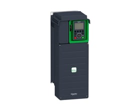 Schneider Electric Altivar Process frekvensomformer i mørkeblå og grøn med display og knapper på fronten, isoleret på hvid baggrund.
