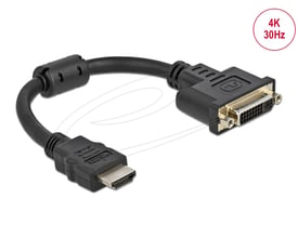 Sort DeLock HDMI-til-DVI-adapter med kort kabel og synlige HDMI- og DVI-stik; understøtter 4K ved 30 Hz.