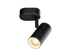Tæt på den sorte SLV NOBLO lampe, viser dens monteringsbase og den roterbare cylinderformede spot med lysudgang.
