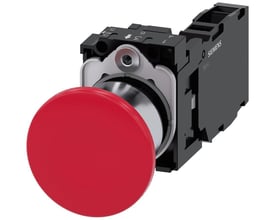 Siemens paddehattrykknap, 40mm rund, rød, med højglans metalfront og 1 NO + 1 NC kontakt på sort baggrund.