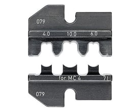 Knipex MC4 crimpindsats til solcellekabler med kapacitet 4-10 mm² og tre krympelommer, vist på hvid baggrund.