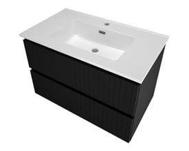 Sanibell Proline møbelsæt i matsort med 2 grebsfrie softclose skuffer og hvid porcelænsvask med overløb og hanehul.