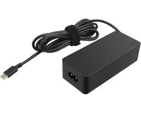 Sort Lenovo 65 W USB-C AC-adapter med smart voltage, vist med strømledning og USB-C-stik.
