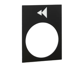 Schneider Electric symbolskilt i sort plast med hvide pile der indikerer 'ned' og '2 hastigheder' samt et stort cirkulært udskæringsfelt.