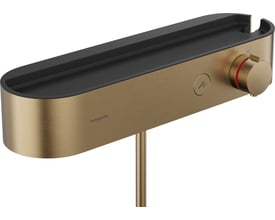 Hansgrohe ShowerTablet Select 400 brusetermostat i børstet bronze med integreret hylde og betjeningsknap, viser Select-funktionen.