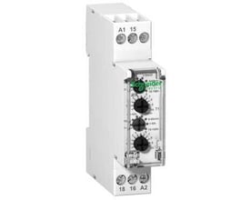 Schneider Electric iRTL Kombi tidsrelæ med 24-240VA spændingsområde og 18mm bredde, fremstillet i hvid plast med tydelige justeringsknapper.