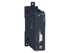 Schneider Electric Modicon TM4PDPS1 Profibus DP slave modul set fra siden med PWR/COM indikator og SUB-D-stik.