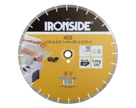 Ironside universal diamantklinge på 405 mm med segmenteret skærekant og gul mærkning, vist forfra.