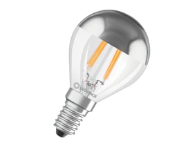 Ledvance LED pære med E14 sokkel, 4W, varmt hvidt lys på 2700K og topforspejlet kroneform. Pæren er klar med sølvbelagt top og synlige filamenter.