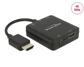 Sort, kompakt Delock HDMI-lydudtrækker med kort HDMI-kabel og stik, vist skråt forfra.