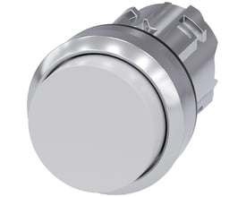 Siemens 22mm rund trykknap i metal med skinnende hvid knap og integreret bagmonteringsenhed.