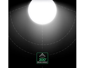 V-TAC LED-globepære G120 med E27-fatning lyser mod en grafisk markering af lysspredningen på 200°.