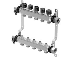 Uponor Vario S fordelerrørsæt i rustfrit stål med 5 kredse og 3/4" Eurokonus, vist fra siden med monteringsbeslag.