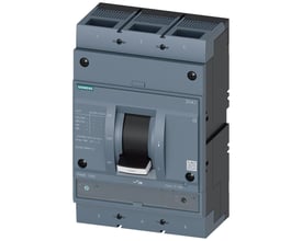 Siemens 3-polet maksimalafbryder 3VA1, IEC Ramme 1000, med 1000A mærkestrøm og stor drejeknap til betjening.