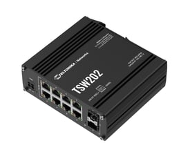 Teltonika TSW202 managed PoE+ Ethernet switch med 8 porte og 2 SFP porte på en hvid baggrund.