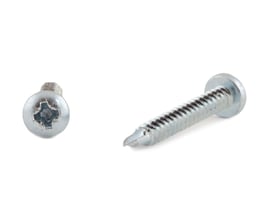 Spånpladeskrue 4,2 x 19 mm med FZB-materiale og PAN-hoved, vist fra hoved og side.