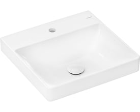 Oversigt over Hansgrohe Xelu Q håndvask, 50x48 cm, hvid porcelæn med centralt hanehul og bundventil, monteret.