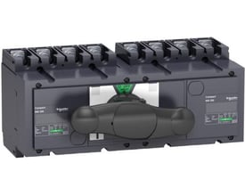 Schneider Electric 4-polet omkobler INS250, 160A, med sort håndtag og grøn/grøn kontaktpositionsindikator, vist på hvid baggrund.