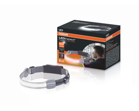 Osram LEDinspect FLEXIBLE HEAD TORCH pandelampe med 115 lumen og 6000K, vist sammen med emballagen i sort og orange design.
