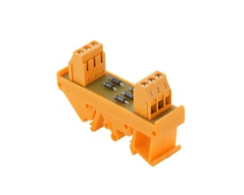 Weidmüller interface-modul med dioder i orange, set skråt ovenfra med synlige dioder og tilslutningsklemmer.