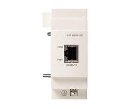 Schneider Electric Modbus kommunikationsmodul SR3 MBU01BD til Zelio Logic, med COM og PWR porte samt jordforbindelse.