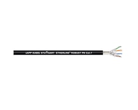Lapp ETHERLINE ROBUST PN Cat.7 kabel med afskærmning og farvekodede ledere i enden, på hvid baggrund.