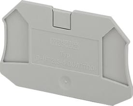 Phoenix Contact D-UT 2,5/4-QUATTRO endeplade i grå plast, designet til 2,5mm² ledere og tre- eller firelederklemmer.