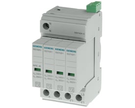 Siemens overspændingsafleder type T2 med 4 moduler, 240V AC, 3+1 kredsløb, grå plast og grønne kontakter på hvid baggrund.