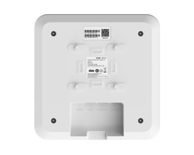 Bagside af Reyee WiFi 6 Cloud access point, viser serienummer, QR-kode og tilslutningsporte som reset, LAN/POE og DC 12V.