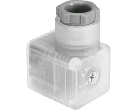 Festo vinkelstikdåse PEV-1/4-WD-LED-230 i gennemsigtig plast med grå detaljer og et LED-symbol.